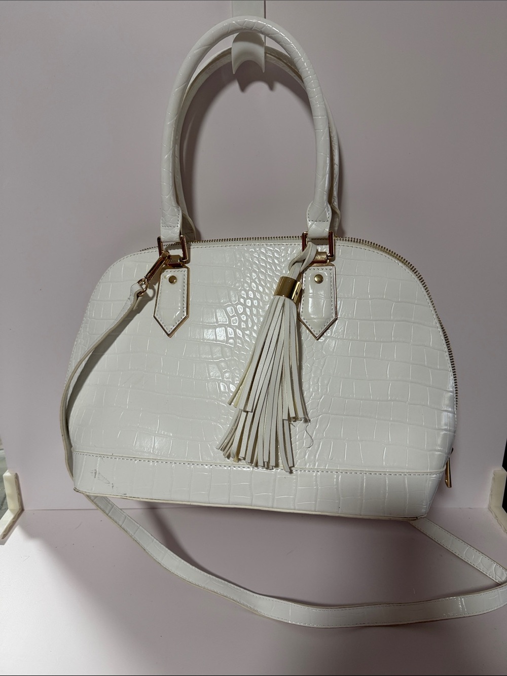 Kelly & Katie White Croc-Embossed Satchel with Tassel and Gold Hardware
